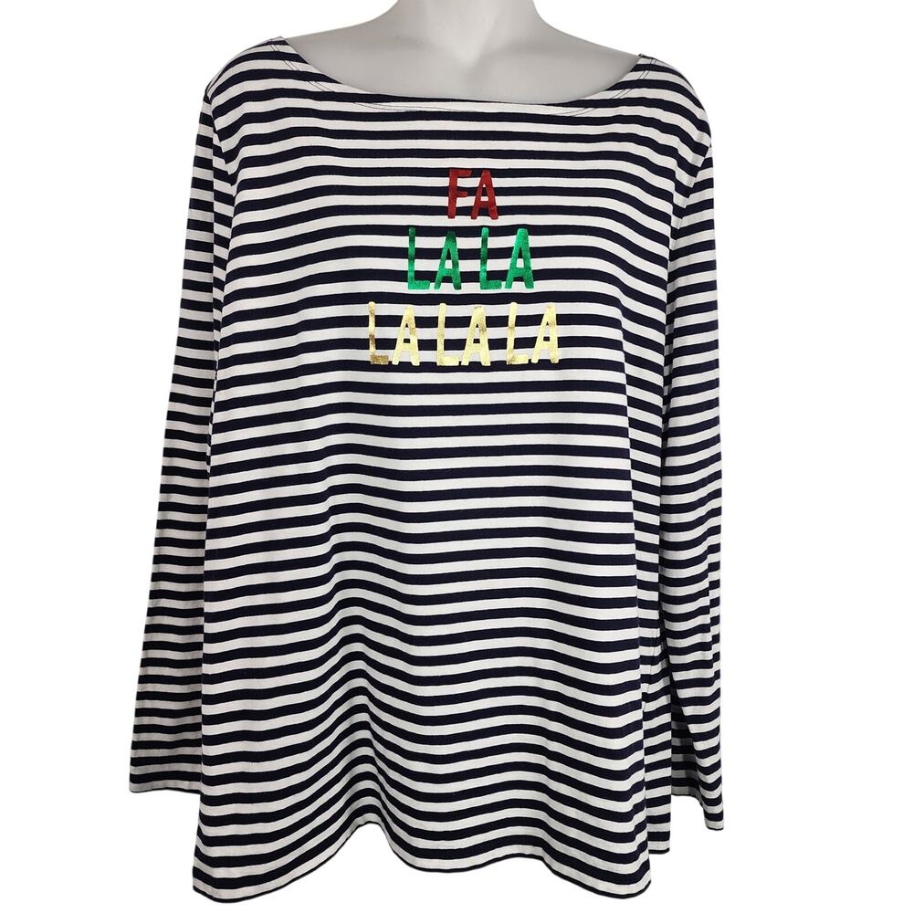 Talbots Woman Fa La La Holiday Knit Top Navy Ivory Stripe Long Sleeve Size XL